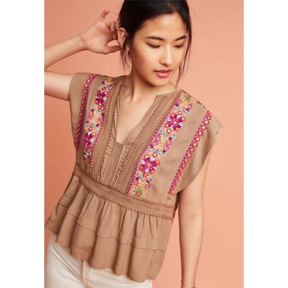 Anthropologie Bl-nk Taupe Embellished Blouse - Picture 2 of 2